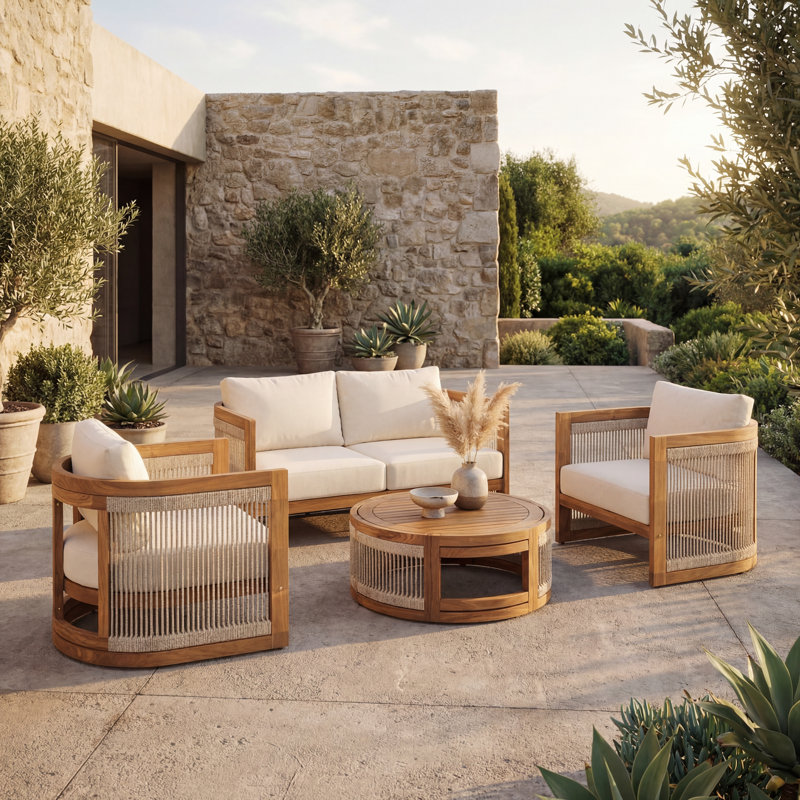 4-Pc Curved Acacia Patio Set with Woven Rope & Water-Resistant Cushions, Beige