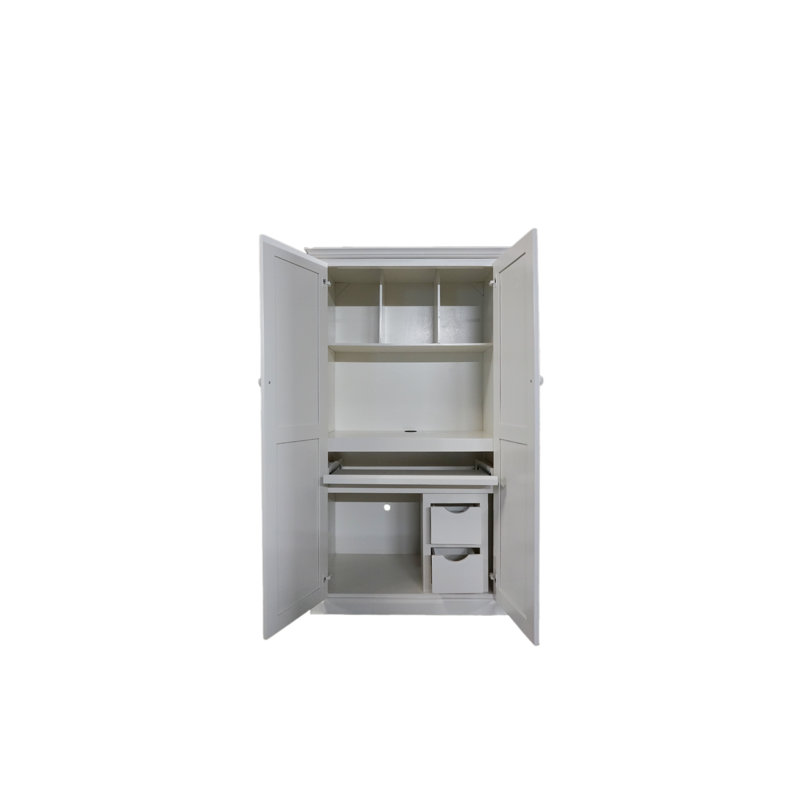 Bureau armoire en bois massif Breeda, Blanc brillant