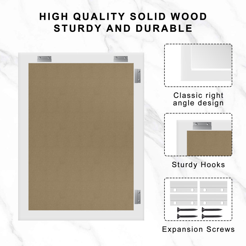 Wood Rectangle Mirror Wall Mounted Decor Bathroom Vanity Mirror With HD Tempered Glass, 40" x 30", White
