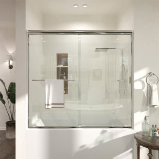 60 po X P 56 po Porte de baignoire semi-sans cadre coulissante en H avec verre transparent