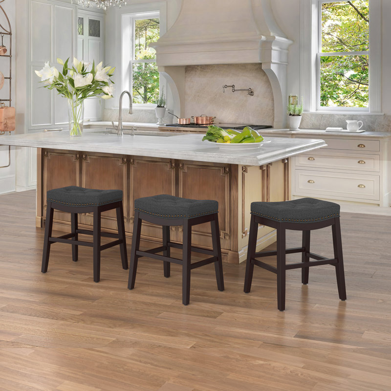 Bar Stools, 24 Inch Fabric Counter Height Bar Stools, Saddle Barstools For Kitchen Island With Nailhead Trim Tufted Button, Set Of 3