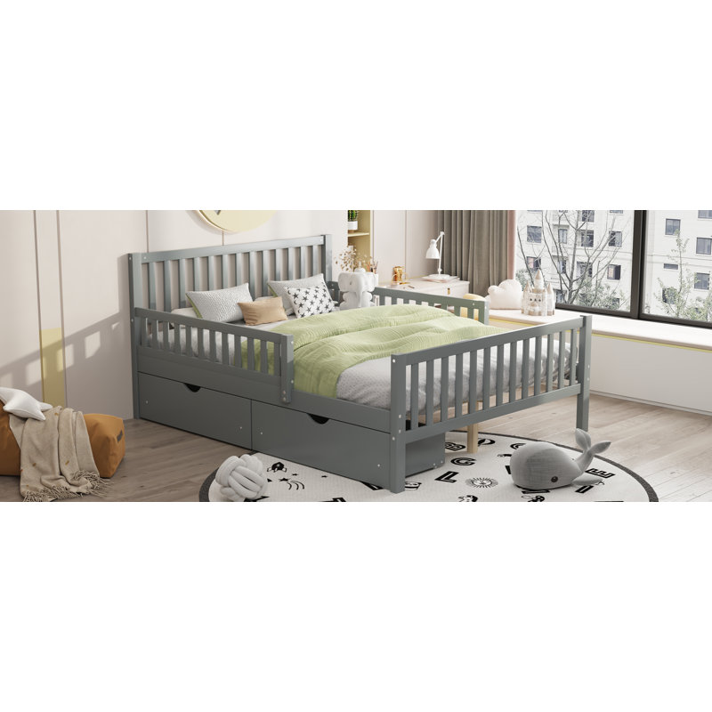 Lit plateforme en bois avec garde-corps des deux côtés et deux tiroirs de rangement, gris, Lit double