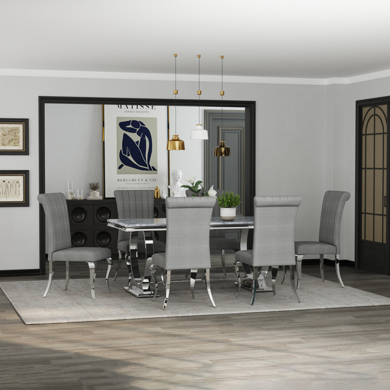 Dining Table Set With 6 Boucle Dining Chairs, Silver