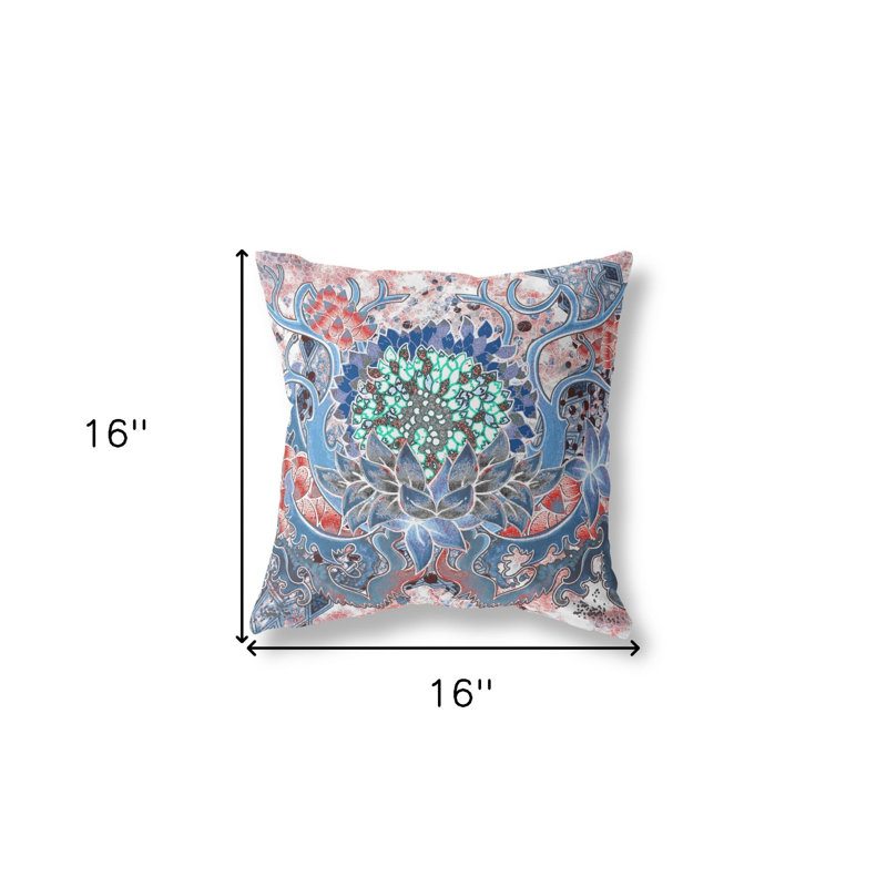 Coussin en suède à fermeture à glissière, Bleu ciel / floral rose, H 16 po x l 16 po