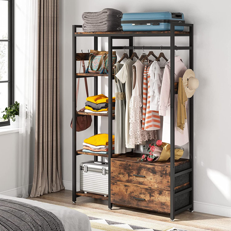 Free-Standing Closet Organizer with Hooks Garment Rack with Shelves and Hanging Rod - Rustic Brown