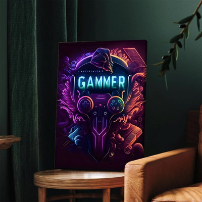 1 PC muraux, affiches encadrées, art mural Gamer, toile, affiche de jeu néon dynamique avec contrôleur, conception de casque pour salle de jeux, chambre à coucher, salon, décoration intérieure, impression d'art numérique moderne pour les garçons, adolescents, adolescents, idée de cadeau