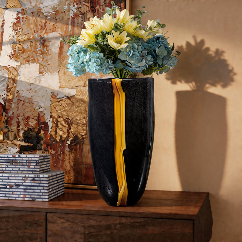 Irregular Hand-blown Colored Glaze Vase；Table Vase；Wide-mouth Vase；Modern Sculptural Vase, 11.8" H x 6.7" W x 6.1" D