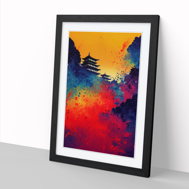 Lionius Japanese Sunset Paint Splatter - Picture Frame Print, Oak, 46cm H x 2cm W x 3cm D
