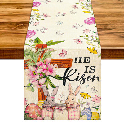 Easter Table Runner Bunny Cross Flower He Is Risen Spring Decor Christian Table Decoration for Dining Room Home