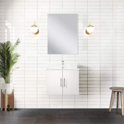 24 In. W X 22 D Glossy White Bath Vanity, Marble Top, 18 Mirror, Stain- Surface Single Cultured Countertop,