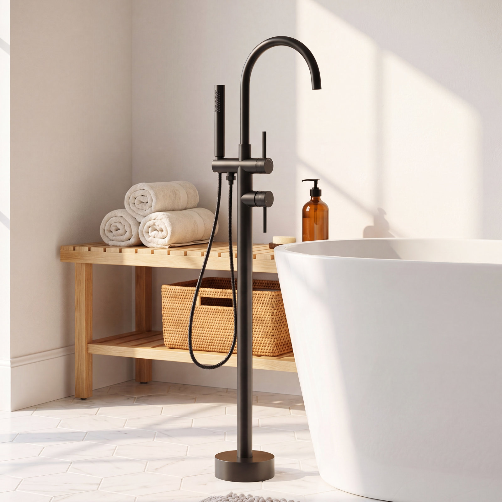 Freestanding Tub Filler with Hand Shower, Matte Black
