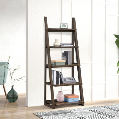 Étagère en bois d'hévéa rustique à 5 niveaux avec étagère de rangement pour bibliothèque