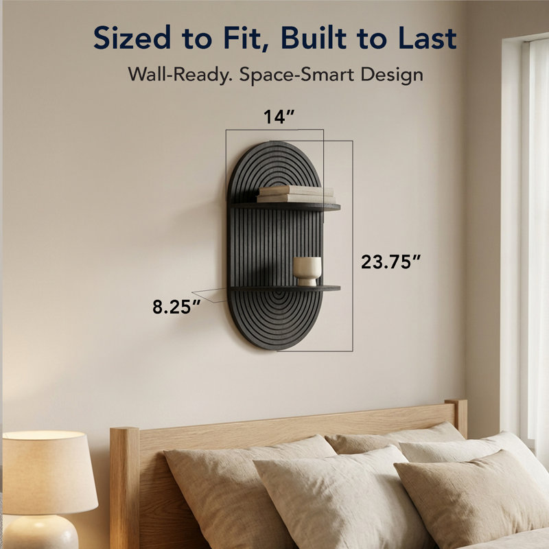  Black Boho Arched Carved Modular Lunar Ledges 2-Tier Floating Wall Shelf, Black