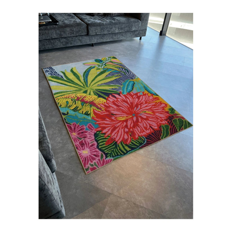 Tropical Theme Multicolored Flower Palm Tree Pattern Creative Modern Decorative Carpet, Round 5'