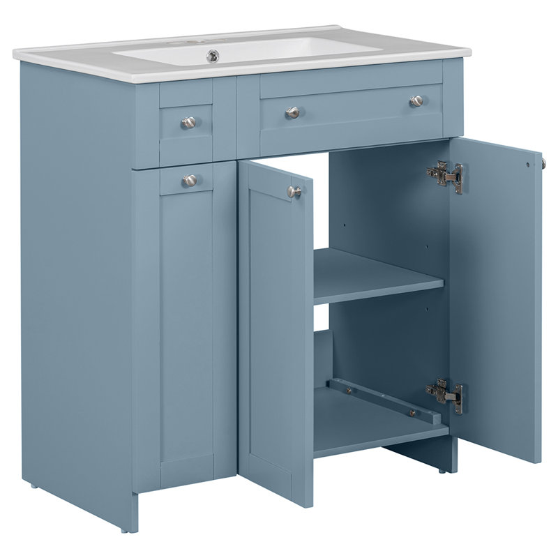 Blue 30-Inch Freestanding Bathroom Vanity with Ceramic Sink and Storage