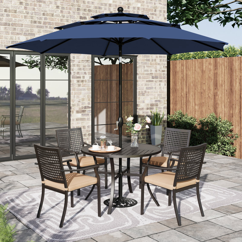 Alyah 5-piece Steel Patio Outdoor Dining Set With Umbrella,metal Stackable Chairs, 42'' Round Table, Dark Blue