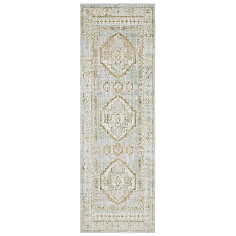 Tapis bleu pâle / ivoire Lainey Bohemian Tribal Medallions, Tapis de couloir 2 pi 7 po x 7 pi 7 po