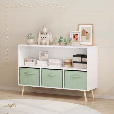 Kids Bookcase with Collapsible Fabric Drawers, Children's Book Display, and Toy Storage Organizer, White/Green