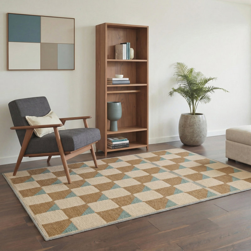 Tapis beige / brun clair / bleu sarcelle lavable à la machine avec envers antidérapant Folwell, Rectangle 6 pi x 9 pi