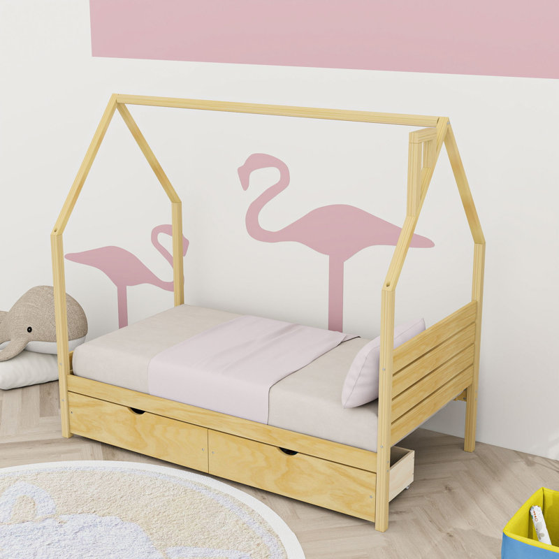 Lit en bois avec tiroirs de rangement, Lit simple, Naturel