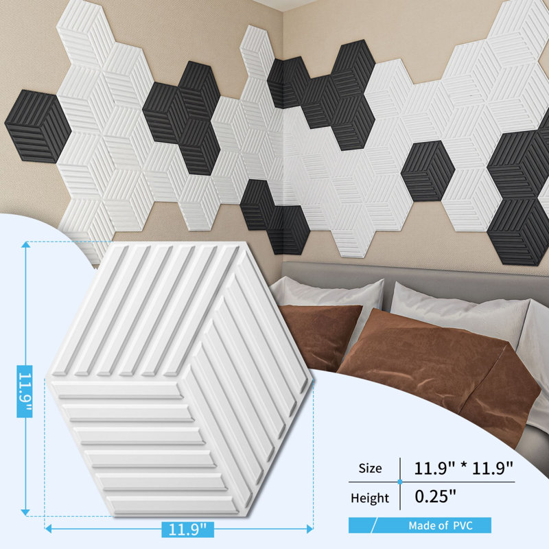 Panneau mural 3D 11,9 po x 11,9 po, panneau mural en PVC blanc pour la décoration intérieure (paquet de 33), Blanc