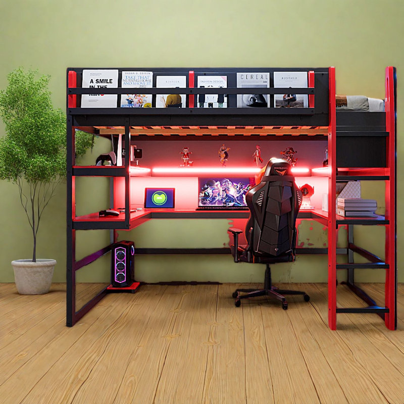 Lit mezzanine multifonctionnel en bois avec rangement et DEL, style de jeu moderne