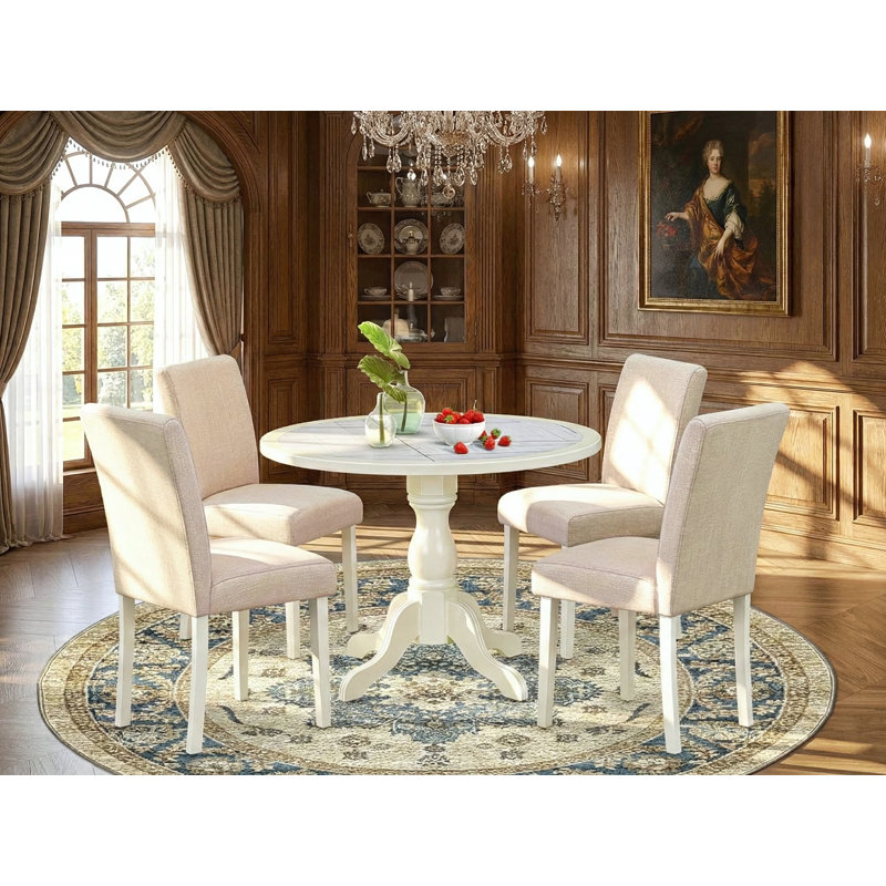 Cet ensemble de salle à manger moderne de 5 pièces comprend une table ronde et 4 chaises de cuisine en tissu beige clair à haut dossier - Lin blanc