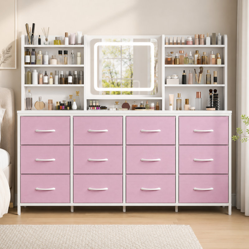 Coiffeuse 63 po avec miroir lumineux, commode en tissu 12 tiroirs avec miroir DEL à intensité variable 3 couleurs et pieds réglables