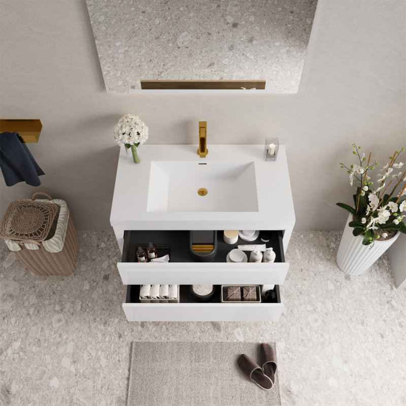 Meuble-lavabo mural 36 po avec lavabo, comptoir en résine de pierre et tiroirs à fermeture en douceur pour salles de bain modernes