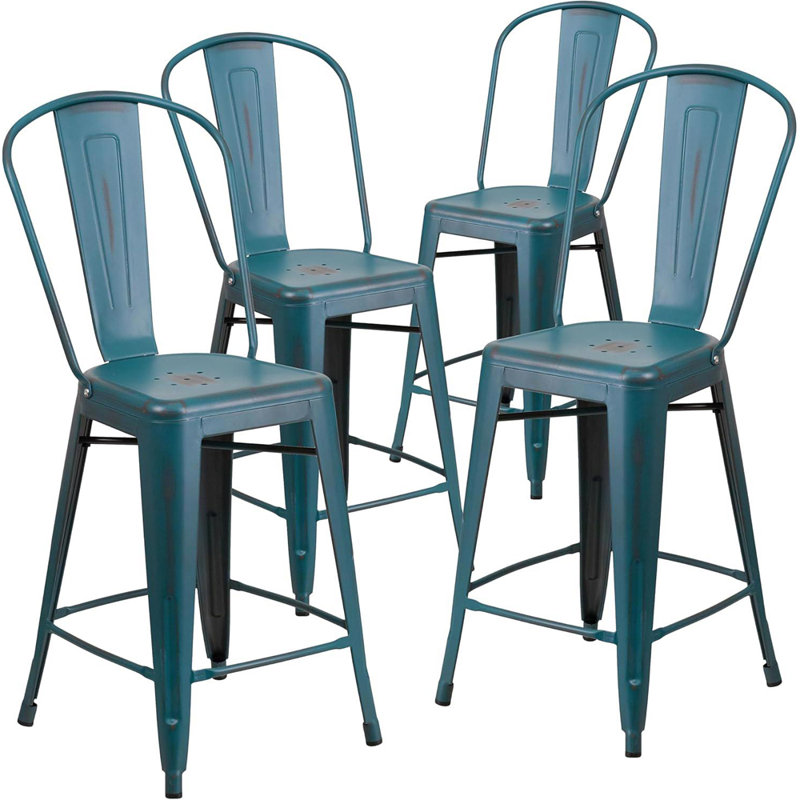 Blake Industrial Style Bar Chair - Set of 4 - Modern Metal Bar or Counter Height, 61cm, Blue Teal