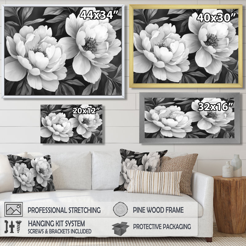 Illias pivoines en gris classique I - pivoines, art mural, H 30 po x l 40 po, Brun, Impression encadrée flottante