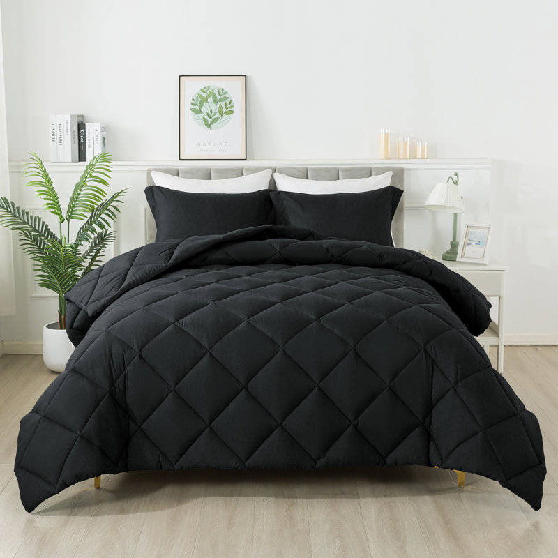 Ensemble d'édredon en losange trois pièces Diamond, Édredon double + 2 taies décoratives standard, Noir