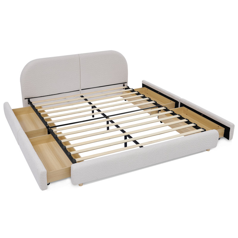 Queen Size Upholstered Bed Frame with Tall Curved Headboard, Sturdy Legs & Wheeled Drawer Storage - Beige, Queen, Beige