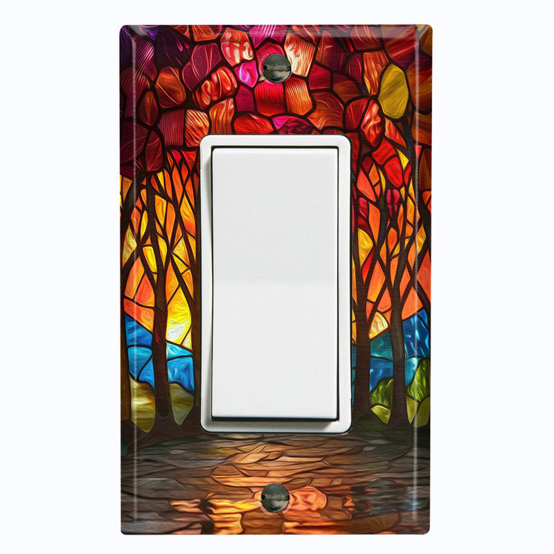 Couvercle de plaque d'interrupteur en métal; Fauteuil à bascule GFI 1 taille US standard - image imprimée du coucher de soleil de la forêt en vitrail