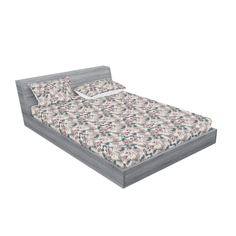 Ambesonne Fitted Sheet & Shams, Cadet Blue/Rose/Eggshell Flower, King Sheet Set with 2 Pillowcases