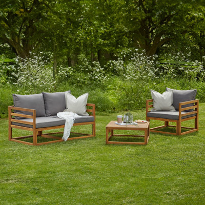 Rimasha Wooden Garden Armchair with 2-Seater Sofa & Coffee Table Set - Natural