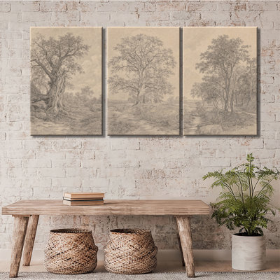 Vintage croquis au crayon chêne, paysage de campagne de ruisseau, fond beige neutre, toile tendue prête à être suspendue, salon, décoration murale, 3 pièces, impression sur toile