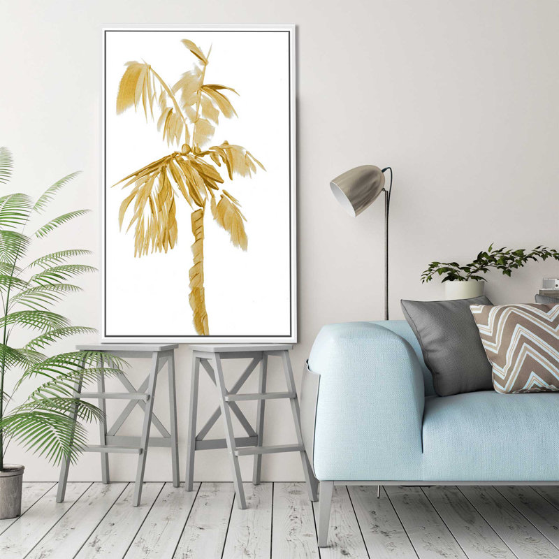 «Gold Palms II», reproduction de peinture à l'aquarelle, H 33,5 po x l 21,5 po x P 2 po, Cadre flottant blanc