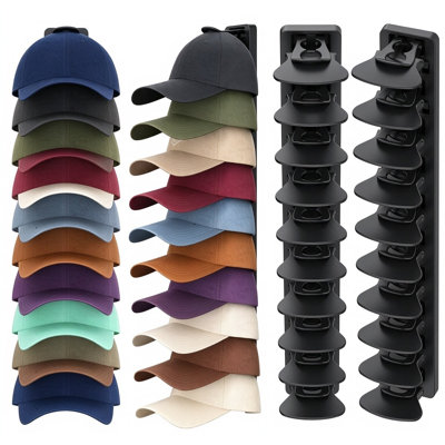 2-Pack Wall-Mounted Hat Organizer, Holds 40 Baseball Caps, Black Adhesive Hat Rack