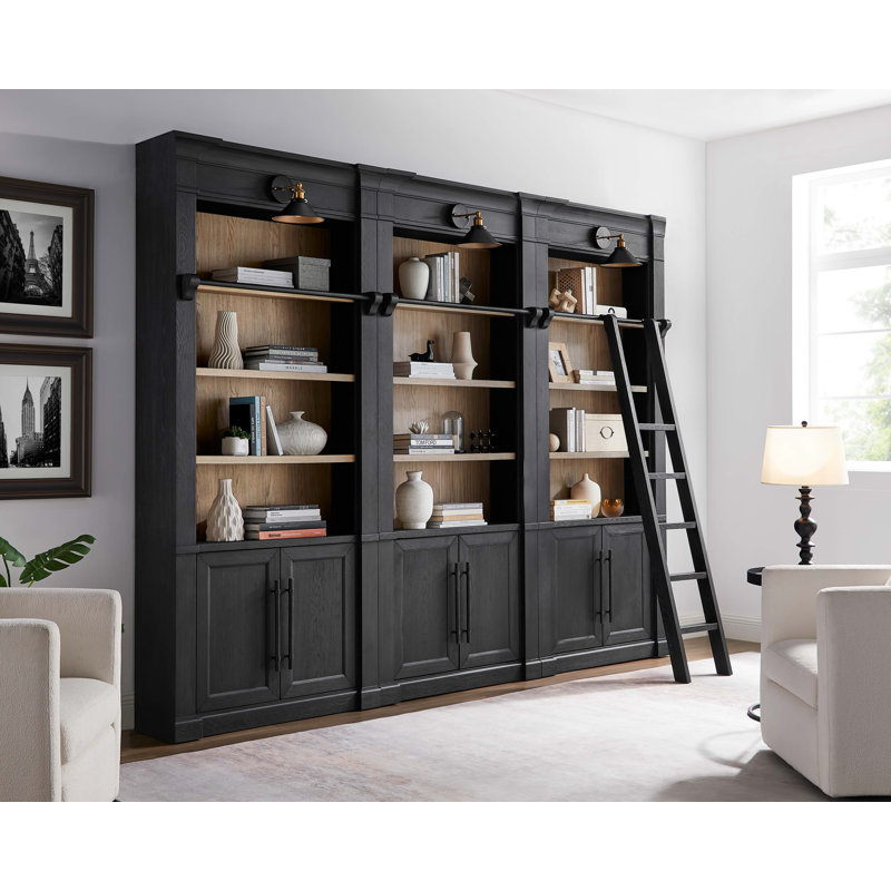 Bibliothèque murale Three Three de 8 pi avec échelle, rangement, tablette pour bureau, noir, Noir
