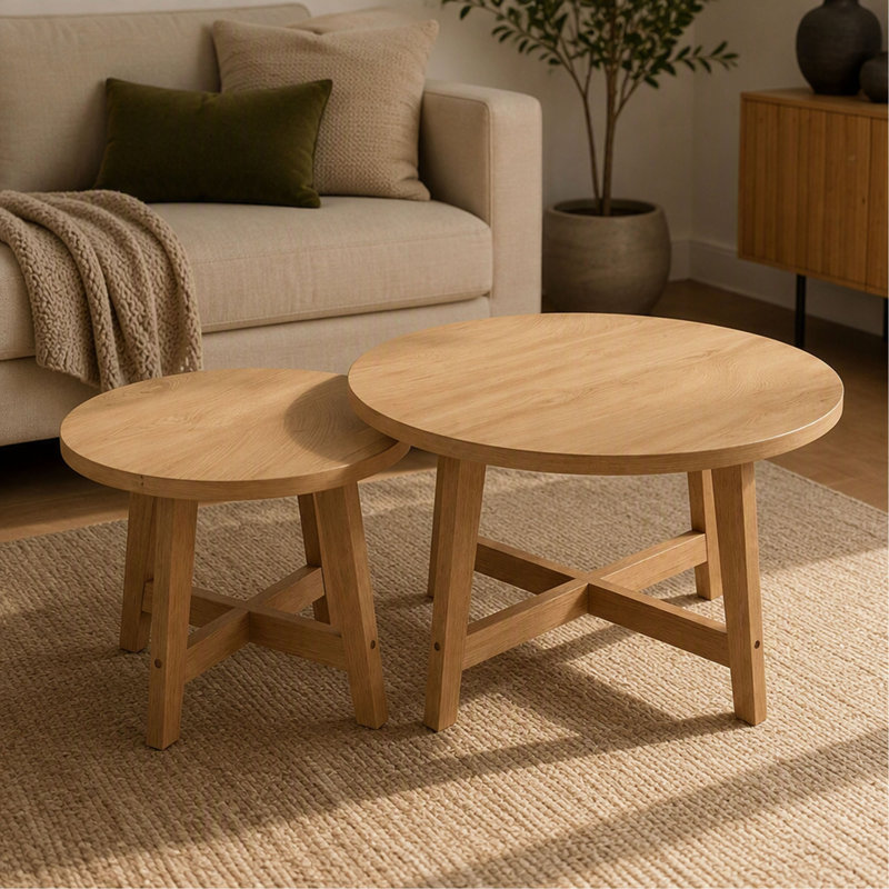 Ensemble de 2 tables basses gigognes - Rondes - Bois naturel - Structure en forme de X - Empilable - Moderne, Bois naturel