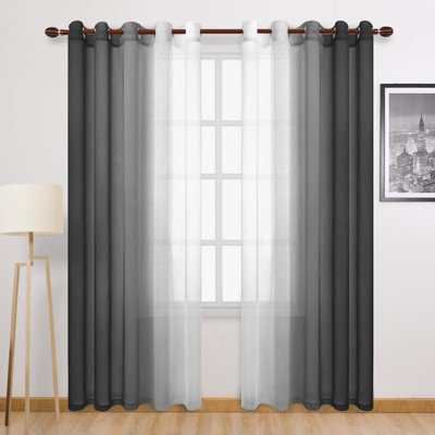 2 Panels Ombre Sheer Curtains Faux Linen Semi Voile Gradient Farmhouse Style Curtains, Grommet Top Window Drape Panels for Bedroom and Living Room