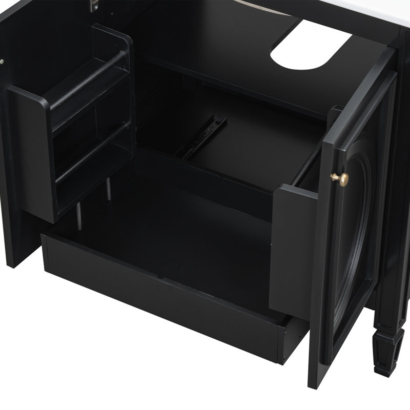 [Vidéo] Ensemble de meuble-lavabo 60 po avec lavabo double, lavabo en céramique, portes à fermeture en douceur avec tablette, tiroir de rangement, noir