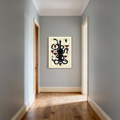 Ensemble de 1 tableau sur toile tendue représentant un serpent, une bouteille de vin, des raisins et des verres.