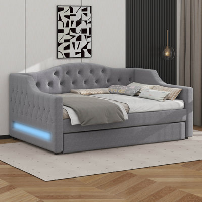 Upholstered Full XL Size Daybed With LED Belt And Trundle