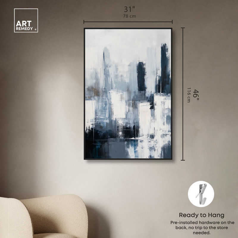 «Gray Matter Canvas», art abstrait bleu par Art Remedy, H 46 po x l 31 po, Cadre noir