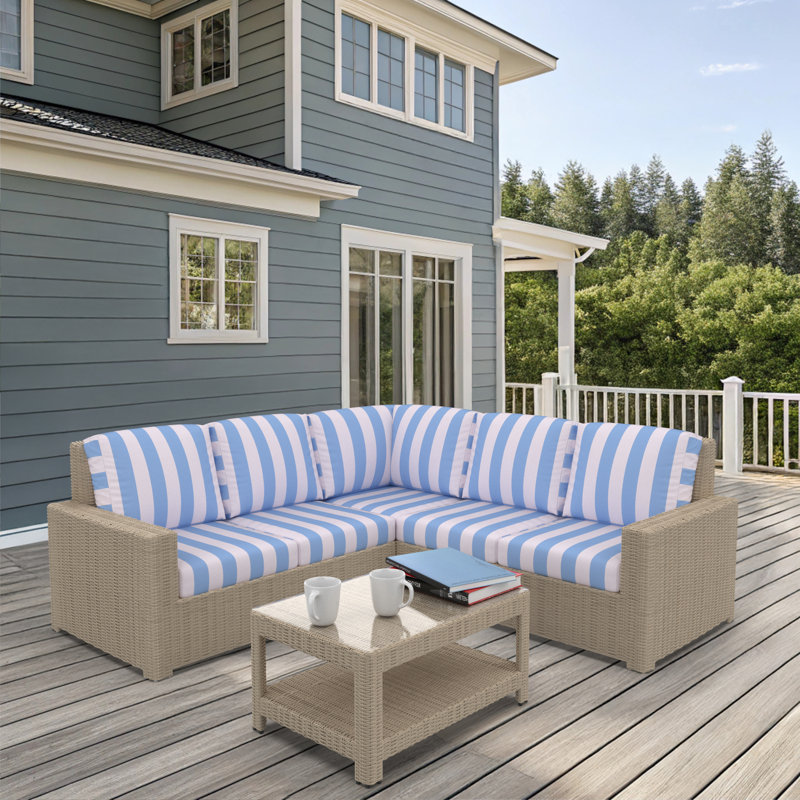 Henri Outdoor Patio Sectional Seating Group With Sunbrella Cushions, Refuge Ocean
