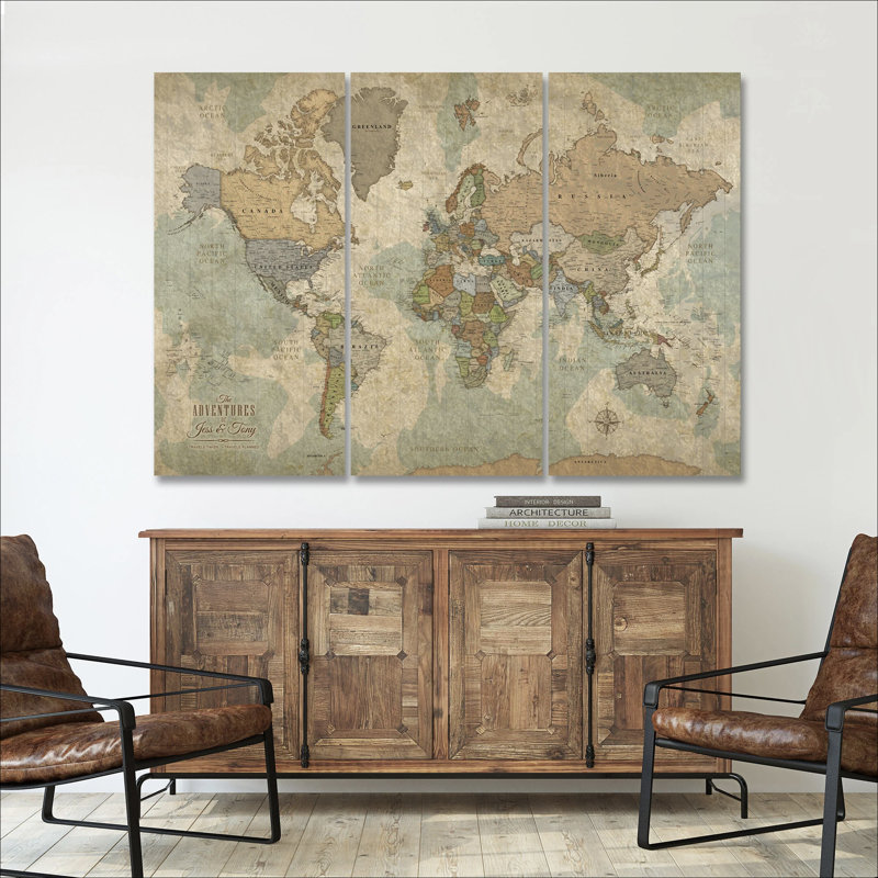 Carte du monde personnalisée sur toile à punaises - 3 panneaux, H 40 po x l 64 po, Oui