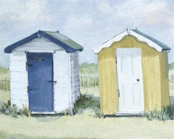 Two Beach Huts by Jane Hewlett - No Frame Rectangle Print on MDF, 40cm H x 50cm W, Canvas, No Mount