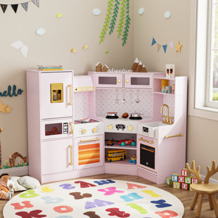 Corner Play Kitchen For Kids, Wooden Toddler Kitchen Playset